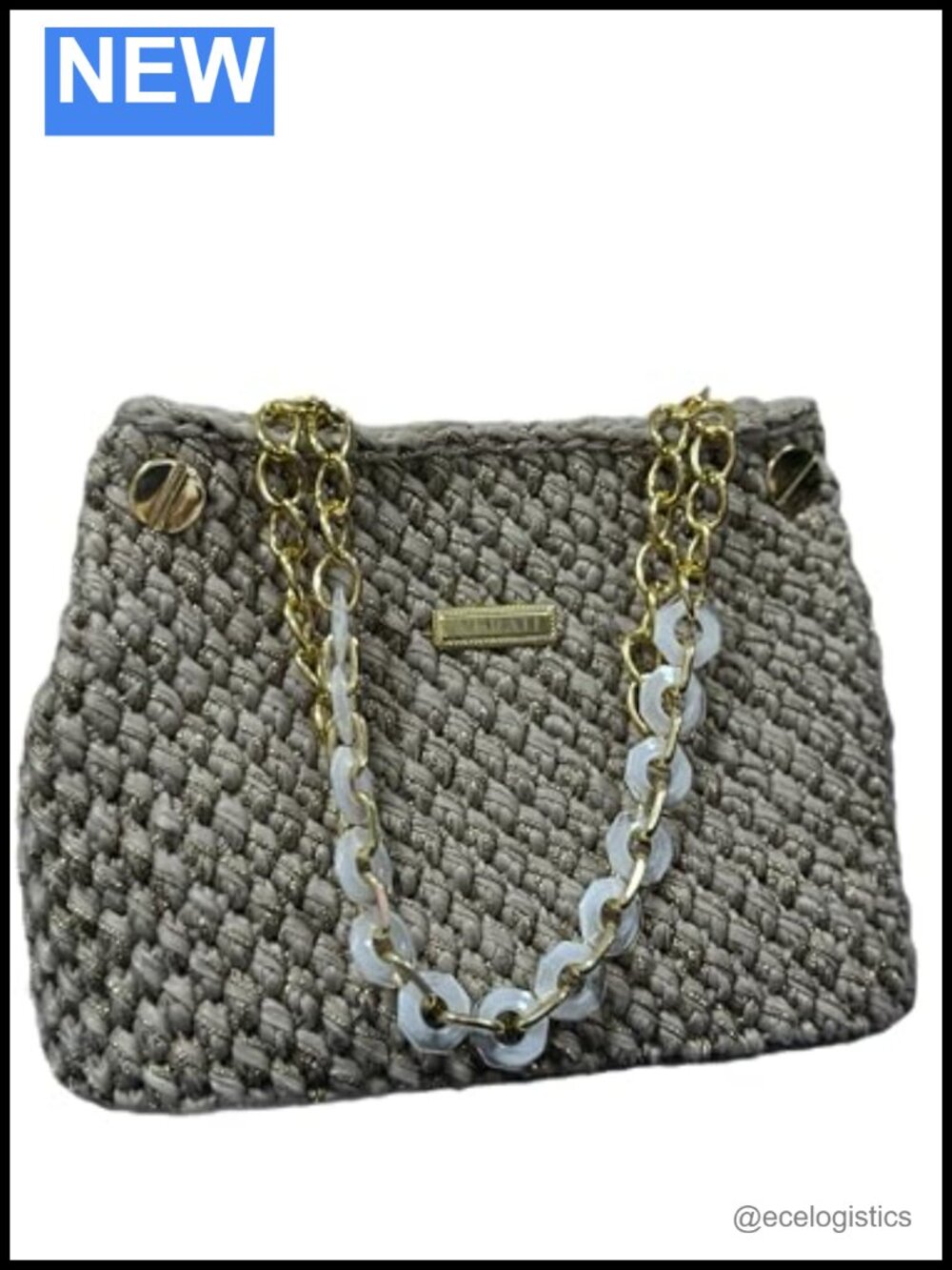 Handcrafted Woven Satchel with Gold Chain Handle, Metallic Finish